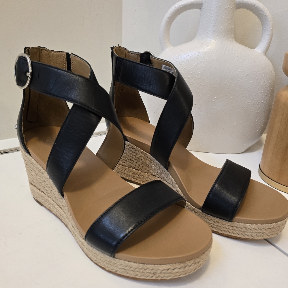 UGG Black Wedge Shoes with Tan Accents